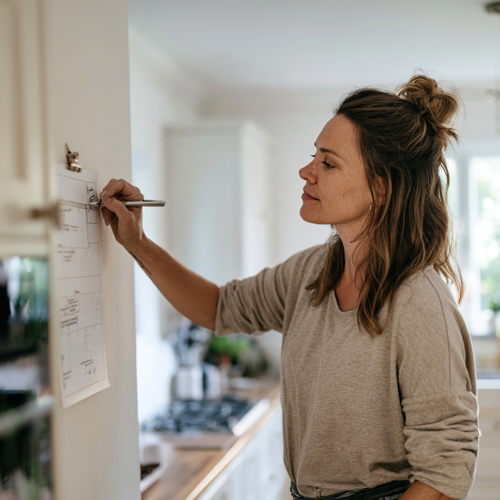 Femme notant les dates de son cycle sur un calendrier mural dans sa cuisine