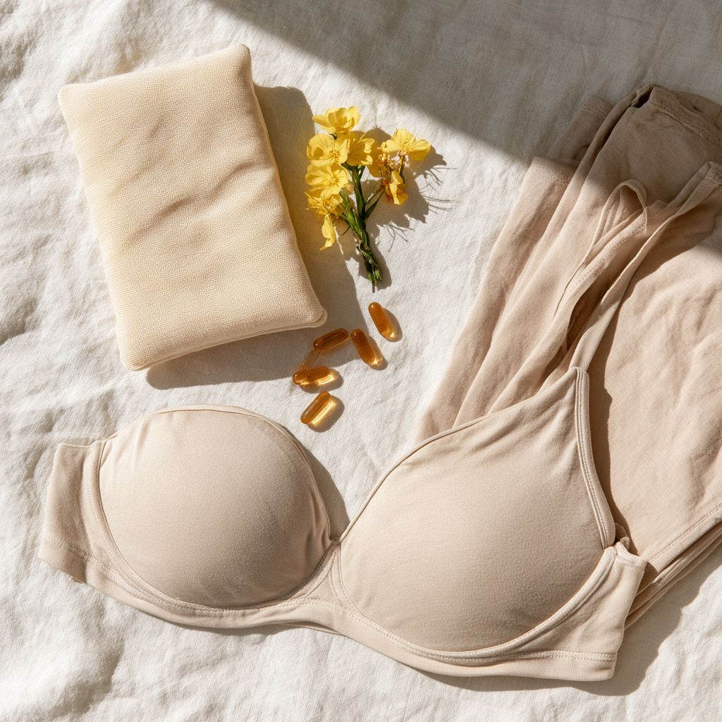 Coussin thermique, capsules d'huile d'onagre et brassière souple posés sur du linge clair
