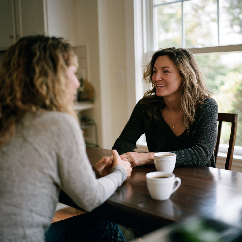 Deux amies discutant autour d'un café dans une cuisine lumineuse