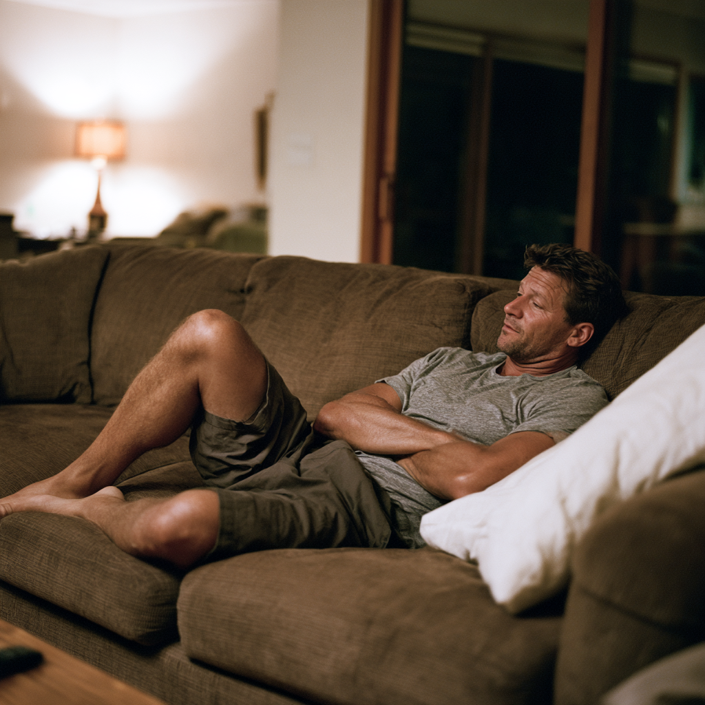 Homme allongé dans son canapé le soir, une jambe repliée et agitée, illustrant l'apparition des symptômes au repos