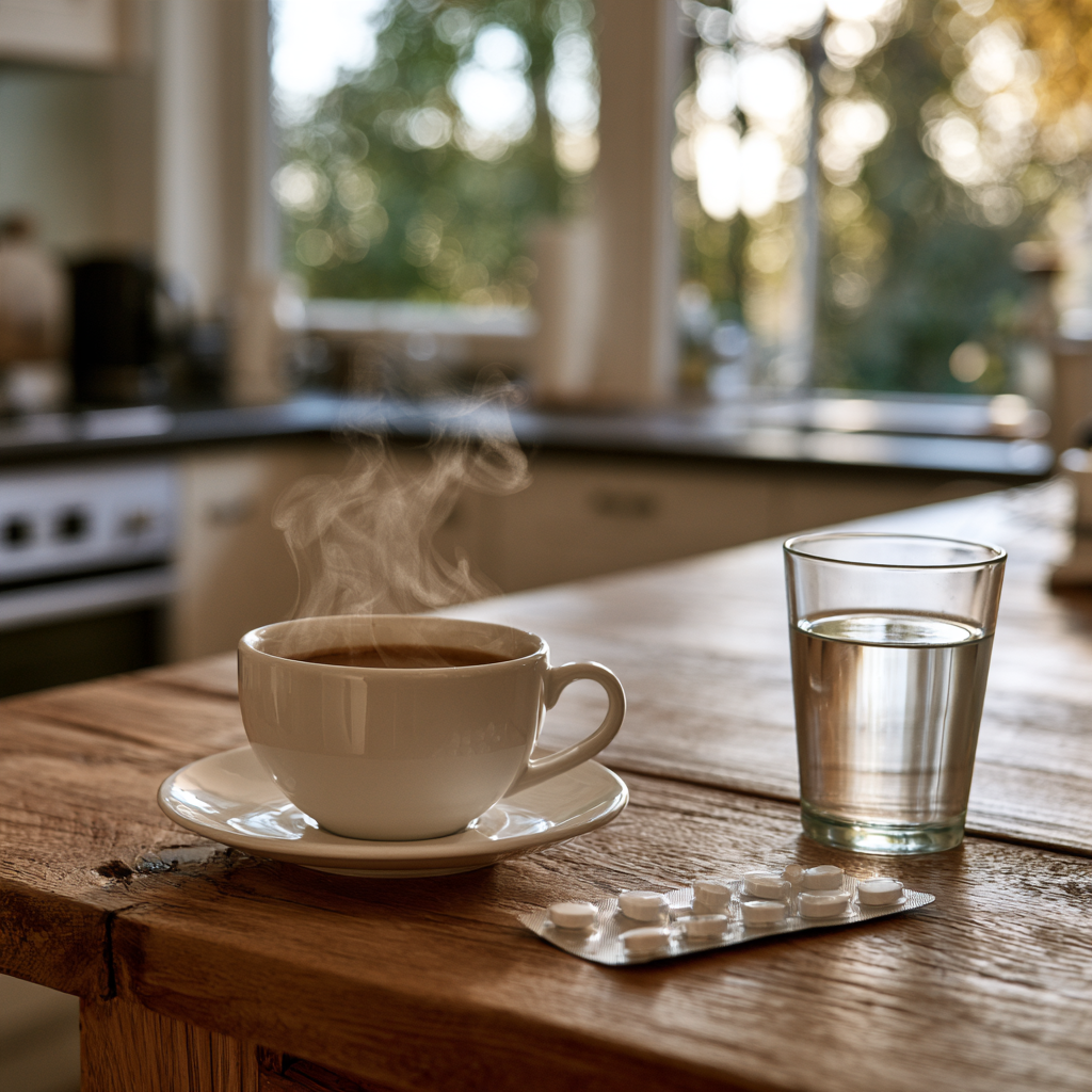 Tasse de café et plaquettes de médicaments sur une table de cuisine, déclencheurs possibles des jambes sans repos