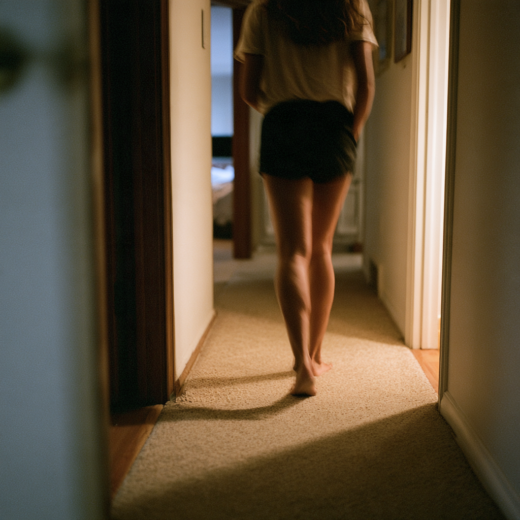 Personne marchant pieds nus dans un couloir la nuit pour soulager ses jambes sans repos