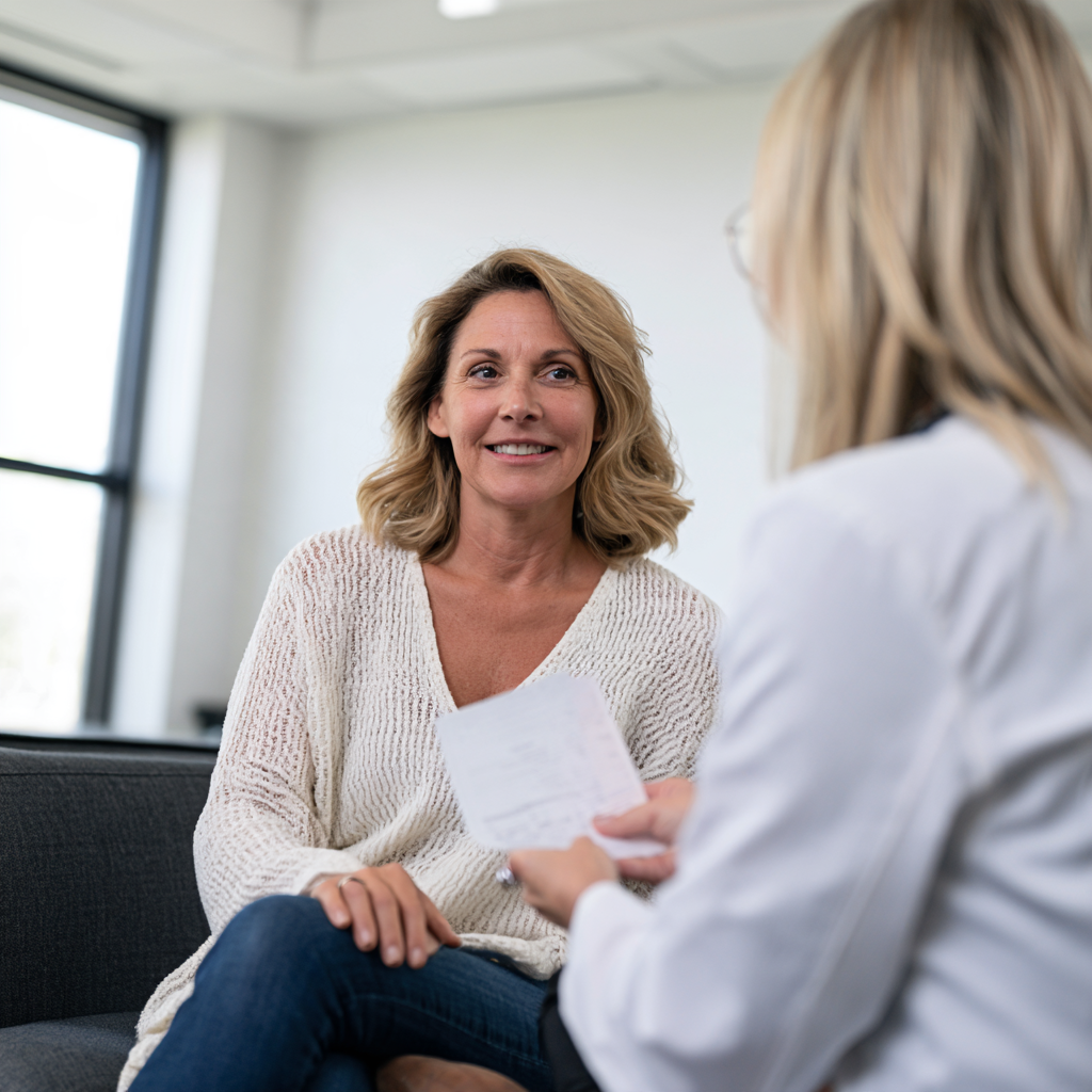 Patiente en consultation médicale recevant une ordonnance de bilan sanguin avec dosage de ferritine