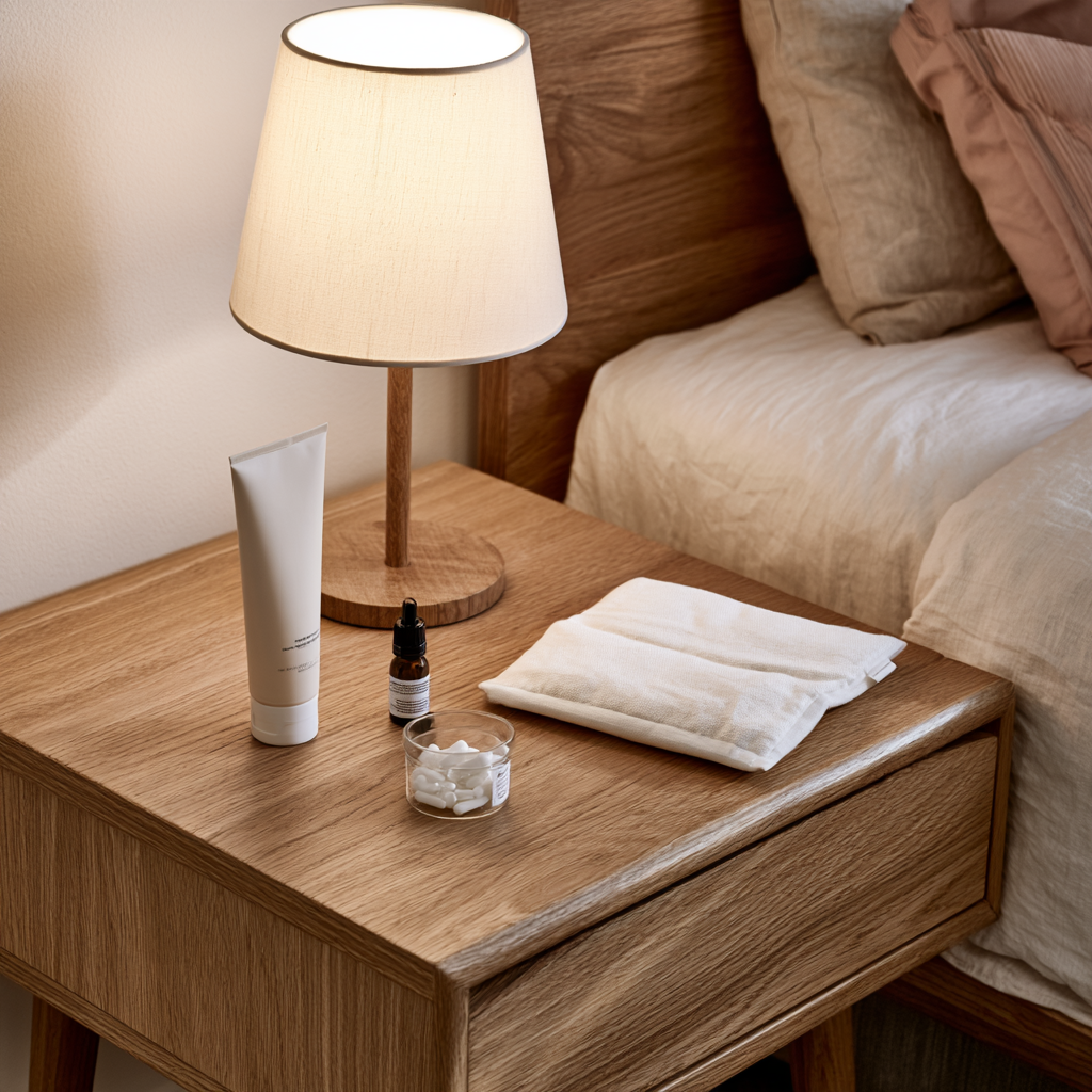 Table de nuit avec gel pour les jambes, poche thermique et complément, routine du soir contre les jambes sans repos