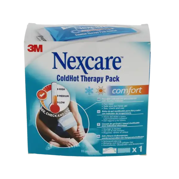 Coussin thermique Nexcare Coldhot Comfort 11x26 cm avec housse, utilisable en froid ou en chaud sur les mollets
