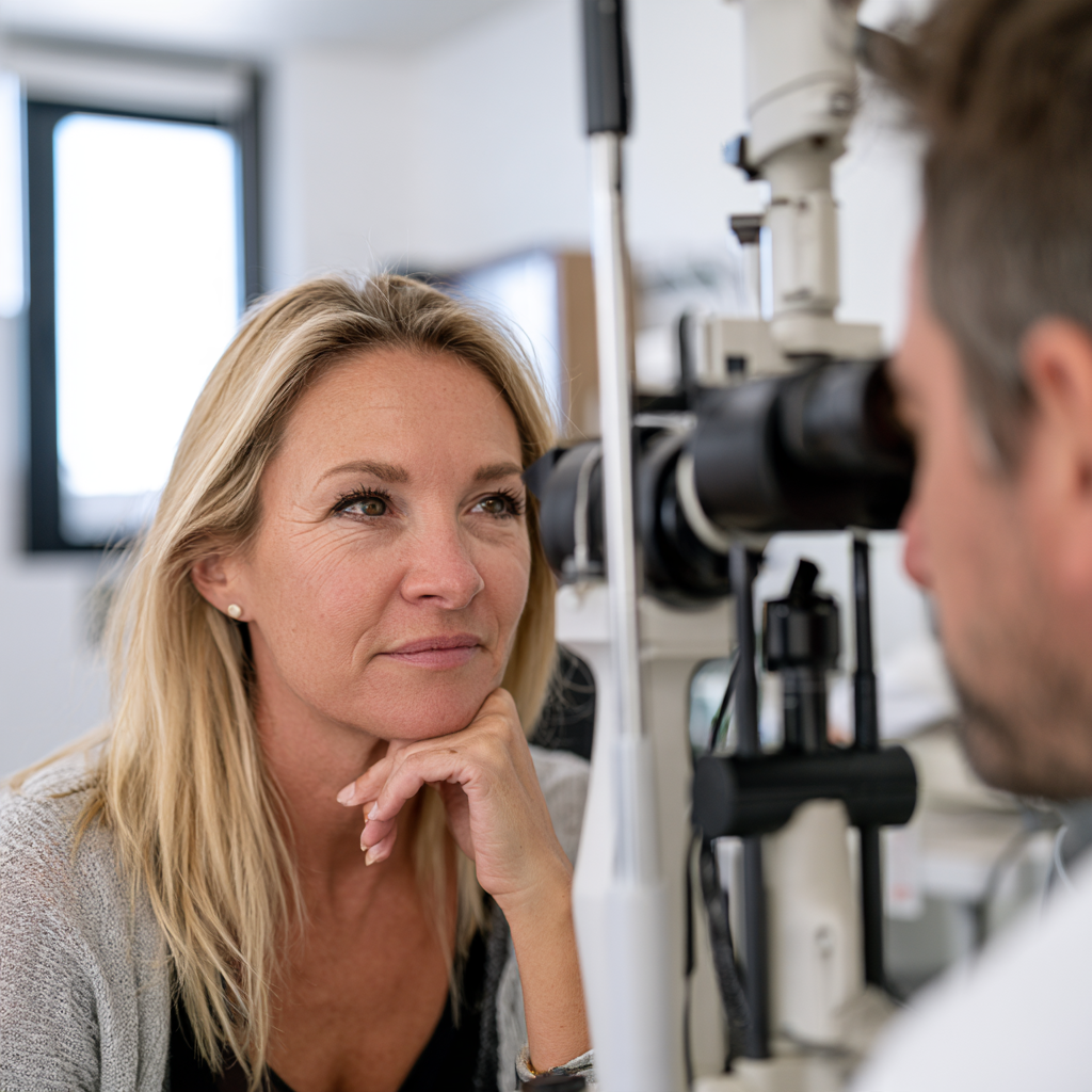 Patient examiné à la lampe à fente par un ophtalmologiste