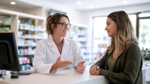 Pharmacien expliquant quelque chose à une jeune femme derrière un comptoir de pharmacie lumineux