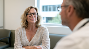 Femme d'une cinquantaine d'années en consultation avec un médecin dans un cabinet lumineux
