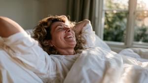 Femme d'une quarantaine d'années s'étirant dans son lit un dimanche matin ensoleillé