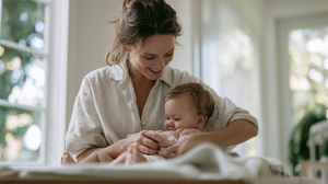 Mère appliquant doucement une crème hydratante sur le bras de son bébé sur une table à langer