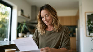 Femme d'une trentaine d'années lisant une lettre ouverte à la table de sa cuisine