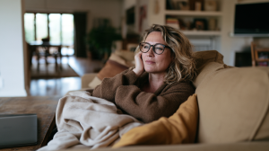 Femme d'une quarantaine d'années au repos sur un canapé sous une couverture, en pleine lumière du jour