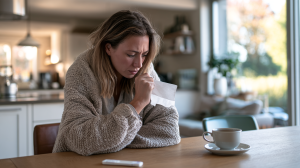 Femme enveloppée dans un gilet, mouchoir en main, autotest Covid posé sur la table de cuisine près d'une tasse de thé