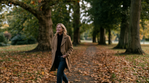Femme d'une quarantaine d'années marchant seule sur une allée de parc couverte de feuilles d'automne, mains dans les poches