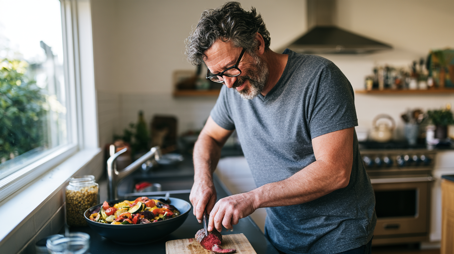 Homme d'une cinquantaine d'années coupant un petit morceau de bœuf à côté de légumes rôtis et d'un bocal de lentilles