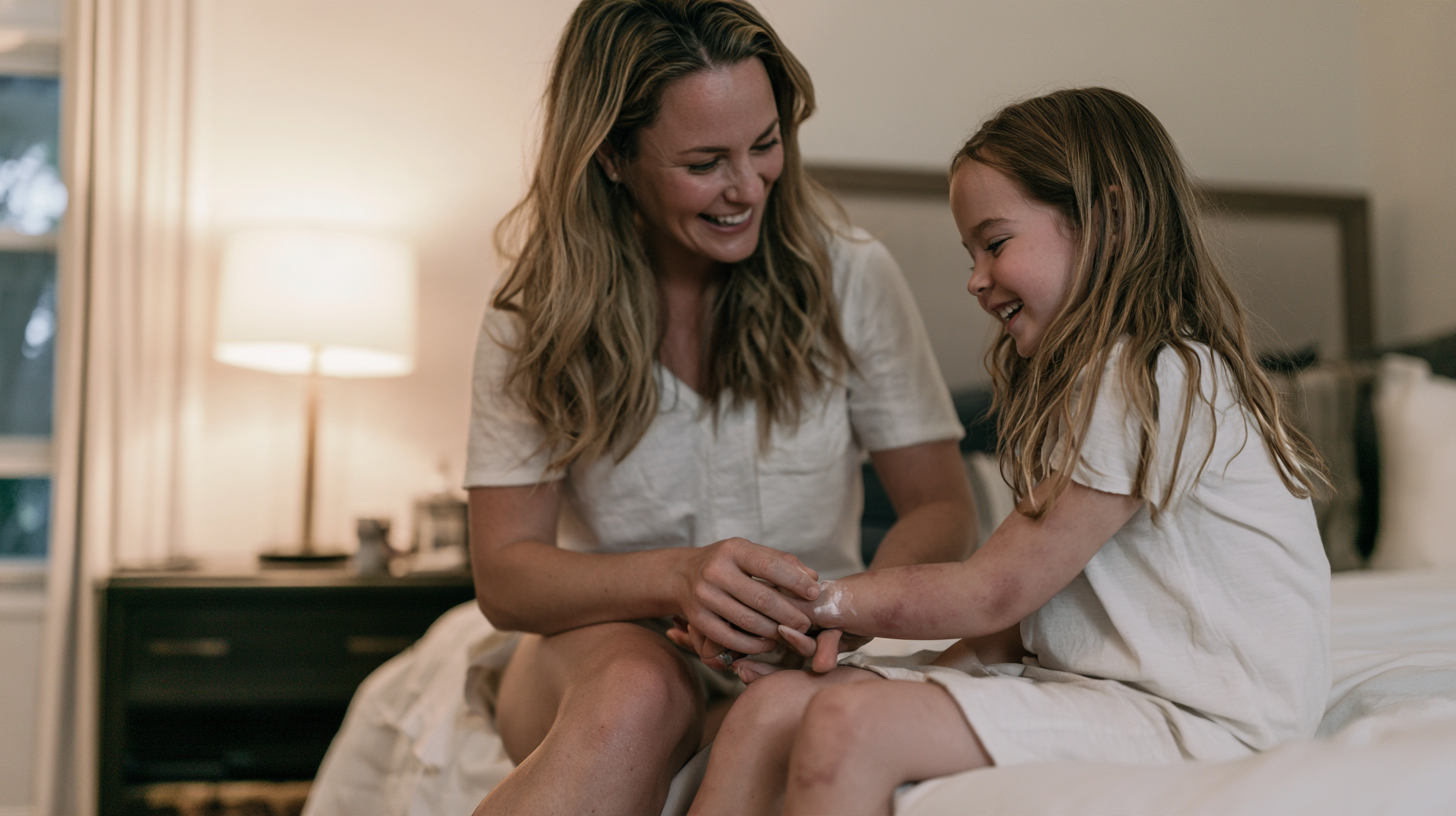 Mère appliquant une crème hydratante sur l'avant-bras de son enfant de 7 ans assis au bord du lit après le bain