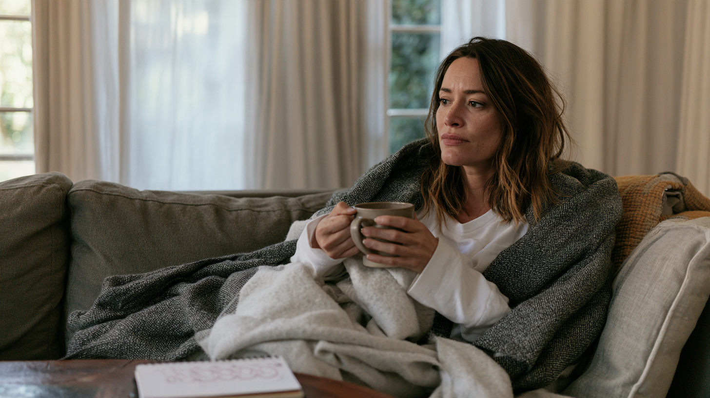 Jeune femme pensive sur un canapé, enroulée dans un plaid, tasse chaude en main, carnet de suivi du cycle sur la table
